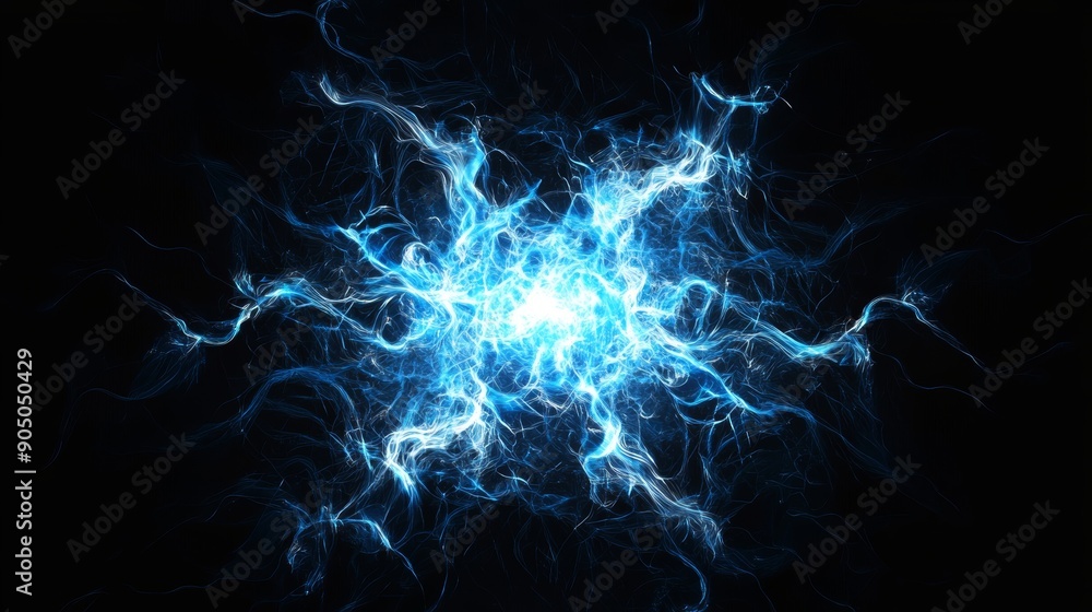 Poster When two blue light streaks interact with each other, they explode in space when they interact with a black background with smoke and light particles.