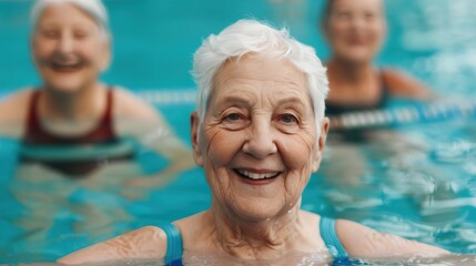 Fototapeta premium Happy elderly people in pool, engaging in water aerobics, wellness and fitness, joyful expressions, empty copy space