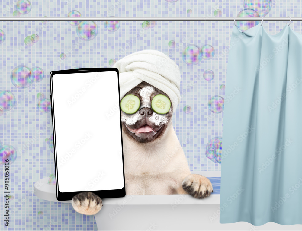 Aufkleber happy pug puppy with towel on it head and with cream on it face and with slices of cucumber in it ey