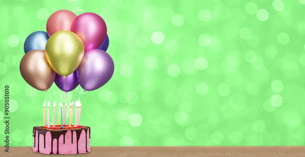 Poster birthday cake with bunch of colorful balloons on blurred summer green background. empty space for te