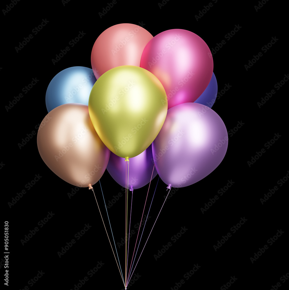 Poster Bunch of shiny multicolored balloons isolated on black background. 3d rendering