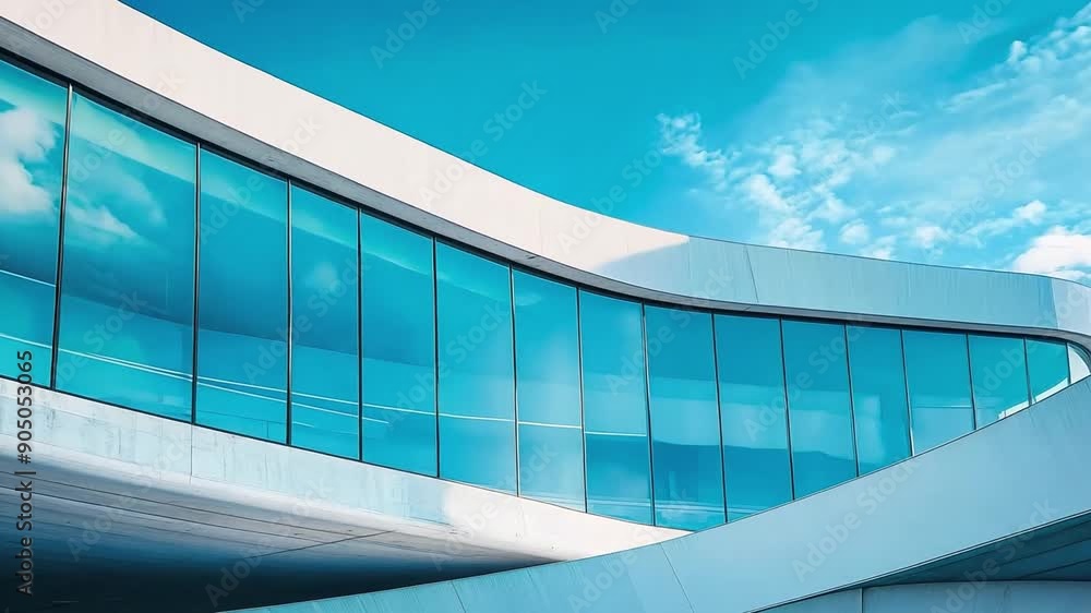 Poster modern and futuristic architecture with flowing lines and blue glass reflecting the clouds and the s