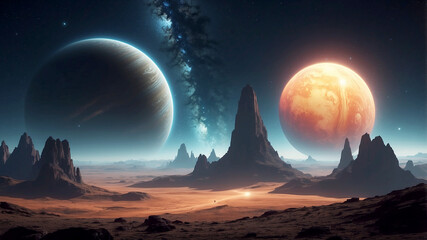 glowing spaceship casting a radiant light over the surface of a mysterious, ringed planet. The scene showcases the planet's rugged terrain and swirling rings