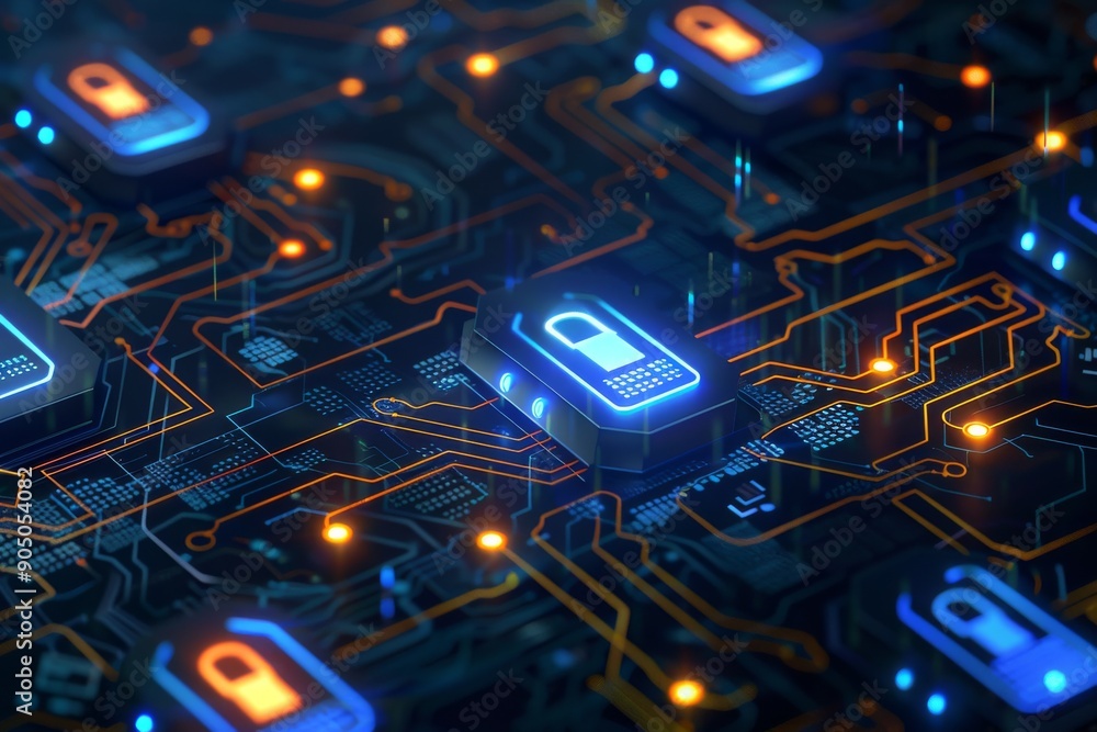 Aufkleber glowing blue padlocks on a dynamic circuit board, representing digital locks in a high-tech security
