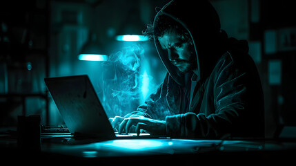 Hombre joven hacker trabajando en lugar oscuro