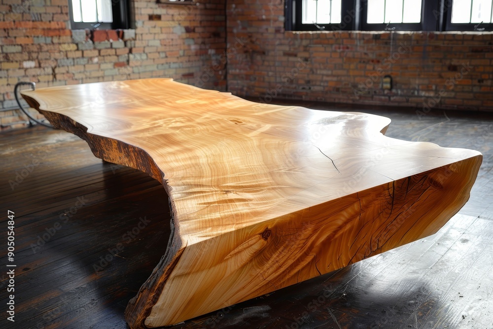 Poster a table crafted from a solid piece of glossy hard maple slab, showcasing minimal marks for a sleek f