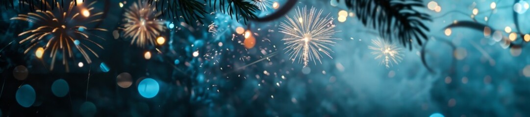 Fototapeta premium Spectacular 2025 New Year's Eve Celebration Panorama: Dazzling Fireworks Illuminating Deep Blue Night Sky. Creative Pattern for Festive Marketing and 4K High-Definition Wallpaper Background Showcasin