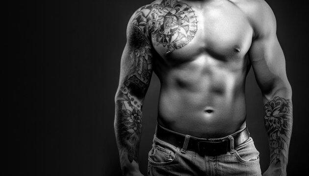 photo recadr&eacute;e d'un homme tatou&eacute;, sur un arri&egrave;re-plan noir
