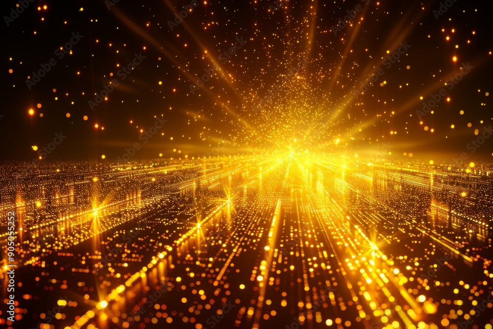 Poster sparkling golden grid with starburst effects, symbolizing explosive growth in cybersecurity measures