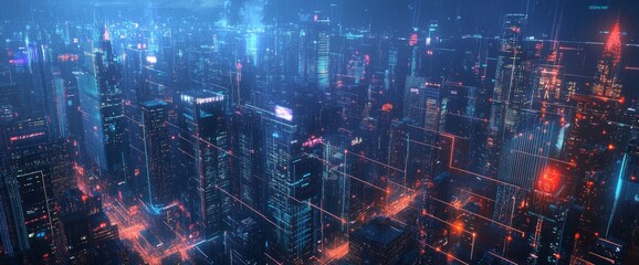 Futuristic cityscape with digital lines and data points, skyline at night with illuminated skyscrapers