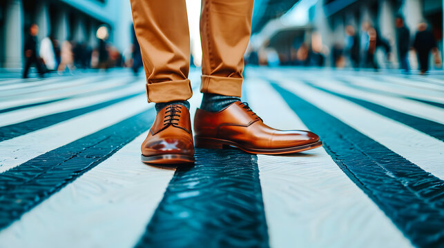 Gros plan sur les pieds d'un homme stationnant sur un passage pi&eacute;ton avec des chaussures en cuir