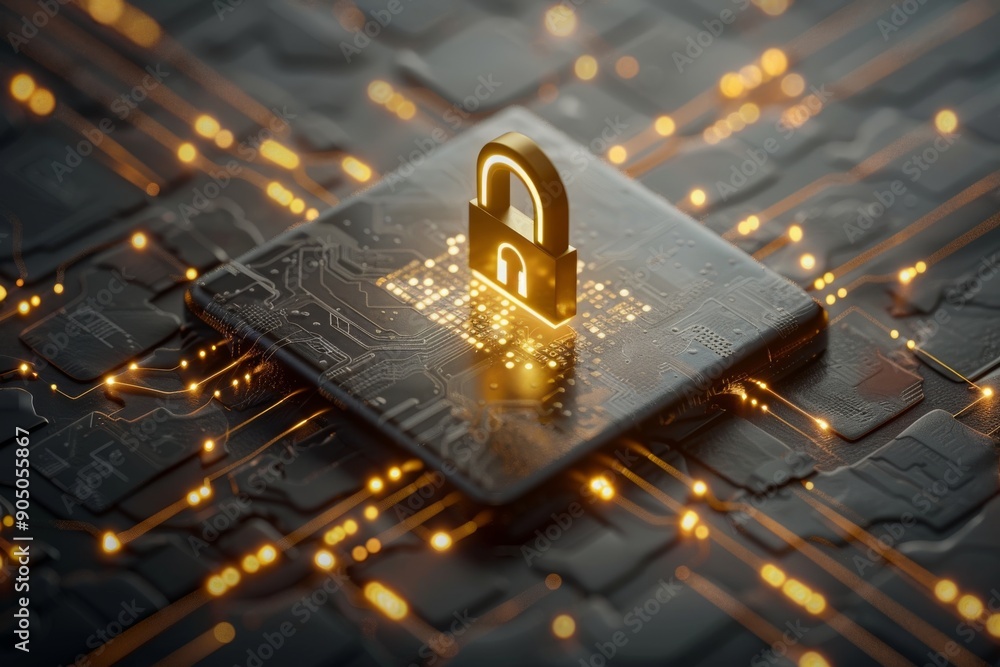 Poster golden padlock centered on a motherboard, signifying a focused approach to securing sensitive digita