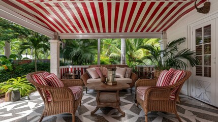 Obraz premium Tropical Patio with Red and White Striped Awning and Wicker Furniture Surrounded by Palm Trees