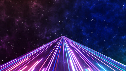 4K of Traveling through star fields space colorful light glowing. Space Nebula moving with stars space nebula (Video galaxy). neon lines with glowing speed trails. Appear, slide up and fade way center