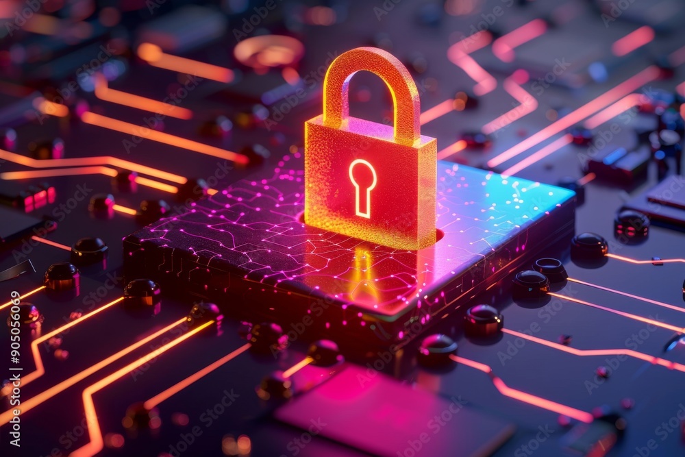 Poster luminous padlocks on a dark circuit board, showcasing the importance of cybersecurity in a high-tech