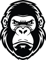 Monochrome Vector Illustration of a Powerful Gorilla Head, Emphasizing Strength and Intensity on a White Background