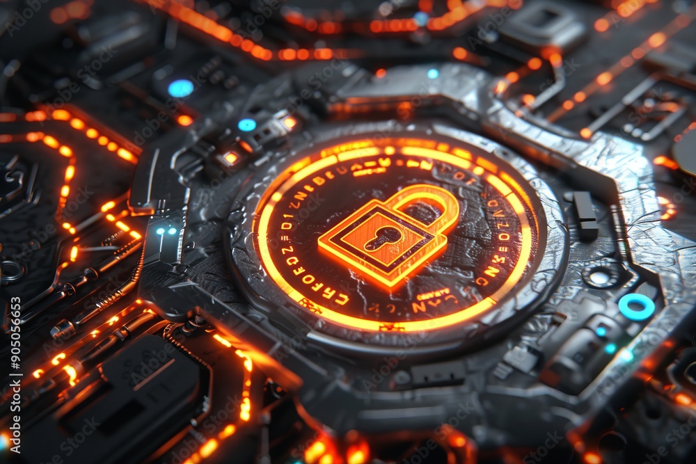 Poster fiery digital padlock in a circular tech vortex, representing data security amid technological chaos