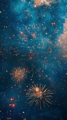 Fototapeta premium Spectacular 2025 New Year's Eve Celebration Panorama: Dazzling Fireworks Illuminating Deep Blue Night Sky. Creative Pattern for Festive Marketing and 4K High-Definition Wallpaper Background Showcasin