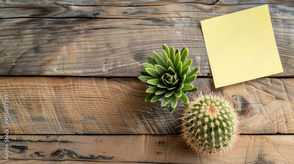 Poster sticky note on wooden table with cactus in rustic setting