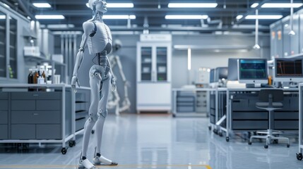 Fototapeta premium Futuristic Android in Advanced Laboratory Setting with State-of-the-Art Technology