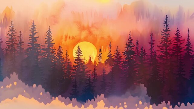 Watercolor painting of pine forest during sunset.