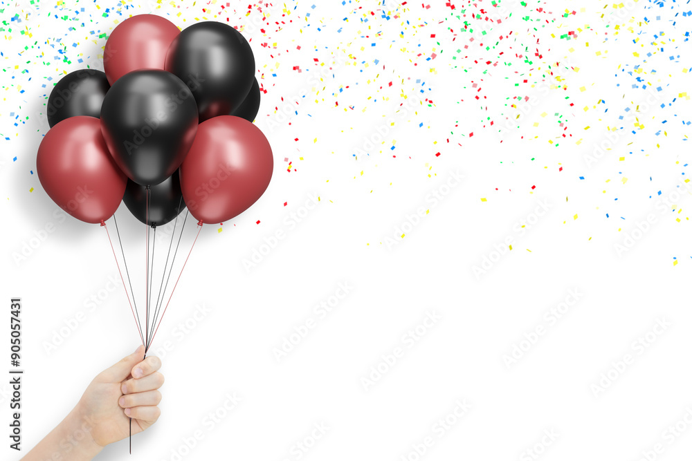 Aufkleber female hand holds bunch of red and black balloons on white background with confetti. empty space for