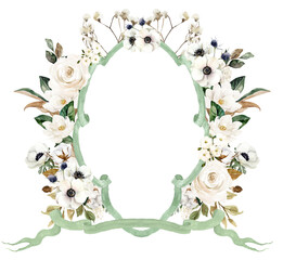 White Anemone Watercolor Flowers Wedding Crest template PNG. Wedding Design