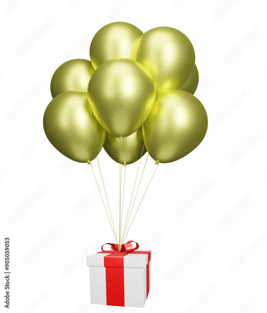 Poster flying present box with red ribbon bow or gift box with golden balloons isolated on white background