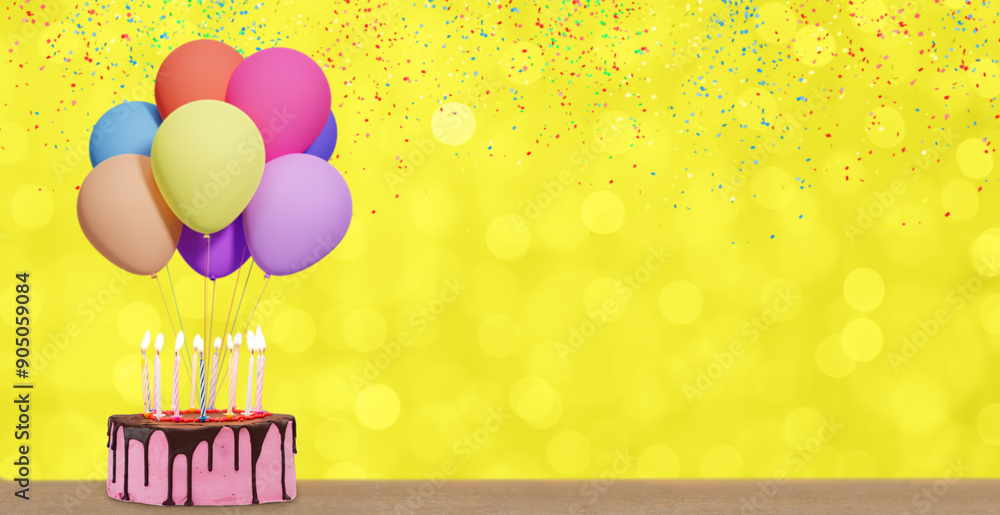 Poster Birthday cake with bunch of colorful balloons on blurred yellow background. Empty space for text. 3d rendering