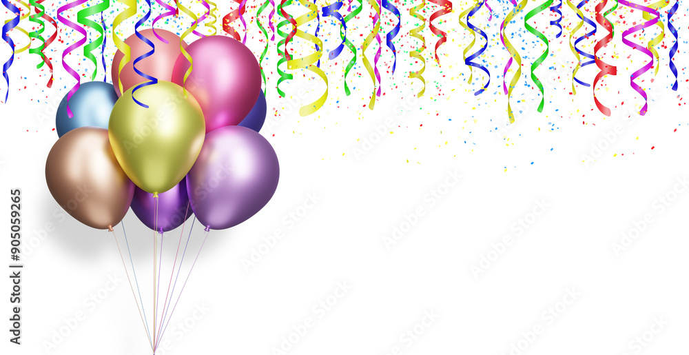 Aufkleber Bunch of colorful balloons on white background with confetti. Empty space for text. 3d rendering