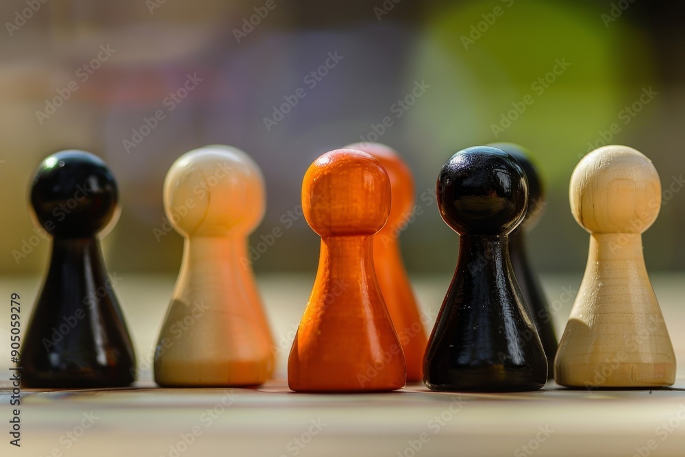 Poster a collection of wooden chess pieces strategically placed on a table, harnessing individual skills fo