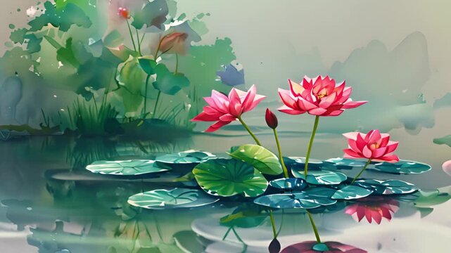 Watercolor painting of lotus in water.