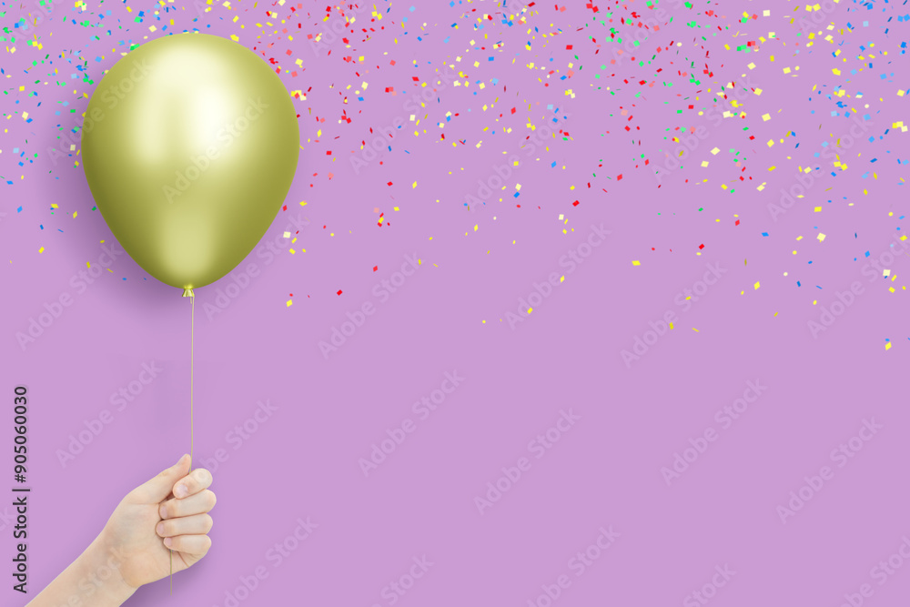 Aufkleber female hand holds golden balloon on violet background with confetti. empty space for text