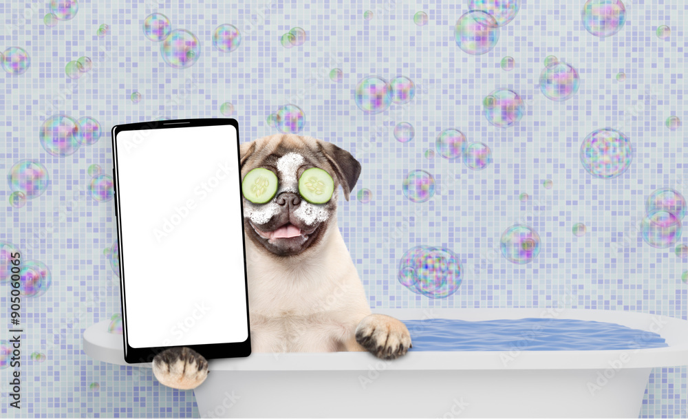 Aufkleber happy pug puppy with towel on it head and with cream on it face takes the bath, holds shower brush a