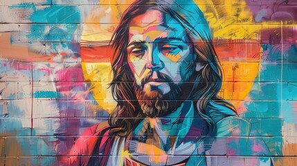 Fototapeta premium Watercolor Biblical Illustration of Jesus in a Vibrant Urban Mural Spiritual Imagery and Street Art Beige Background copyspace