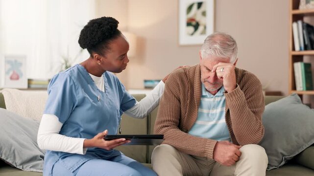 Stress, caregiver and senior man with tablet on sofa for telehealth, result and consulting in retirement home. People, nurse and sad with patient on diagnosis for healthcare, support and bad news