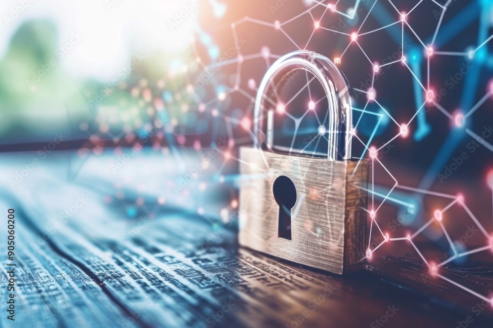 Poster digital padlock on a cyber network, illustrating advanced security measures within a vibrant, interc