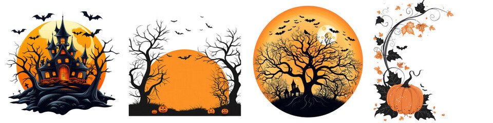 A collection of Halloween themed images, including a castle, a tree