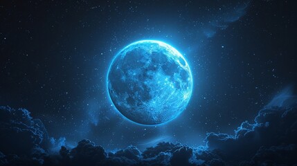 Glowing blue gradient sphere on black background, moon rise abstract grainy noise texture effect poster design, Generative AI 