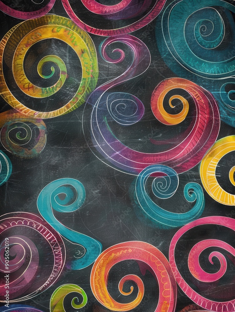 Aufkleber A chalkboard showcases vibrant spirals and abstract shapes, reflecting creativity and imagination from a recent art class activity. Generative AI