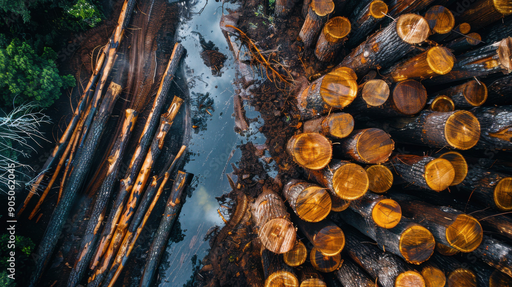 Poster aerial photograph showing a large-scale logging operation with felled trees, highlighting deforestat