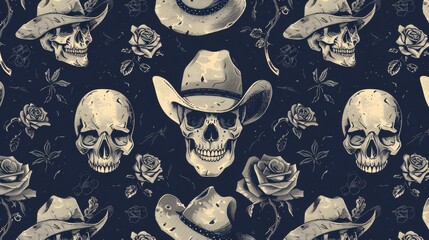 Vintage Cowboy Skulls and Roses Seamless Pattern