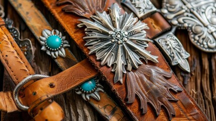 Intricately Designed Leather Belts with Silver and Turquoise Ornaments on Wooden Surface