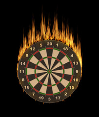 Dartboard in flames on dark background. 