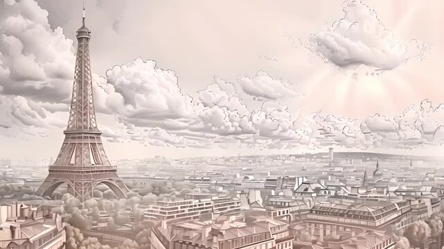 Sketch of a view of the Eiffel Tower in Paris.