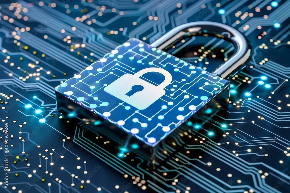 Poster glowing blue digital padlock on a motherboard, illustrating secure and advanced encryption in techno