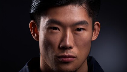 Obraz premium A close-up portrait of a Japanese model with smooth, flawless skin and subtle makeup