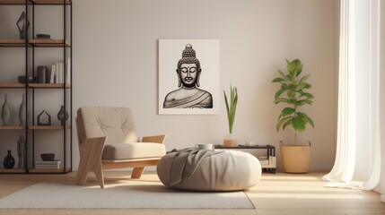 interior design of a living room in a minimalist Scandinavian style with a buddha painting and an armchair
