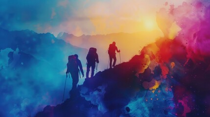 Fototapeta premium 115. Mountain Hiking, movie style, bold colors, watercolor pattern, high angle, bright light, smoke, reflections,