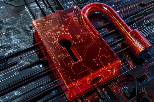 Transparent red padlock with digital coding flowing through, demonstrating transparent yet secure coding practices.
